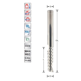 Spiral finishing cutter D3  S3mm upcut Z1 | Titman Tools