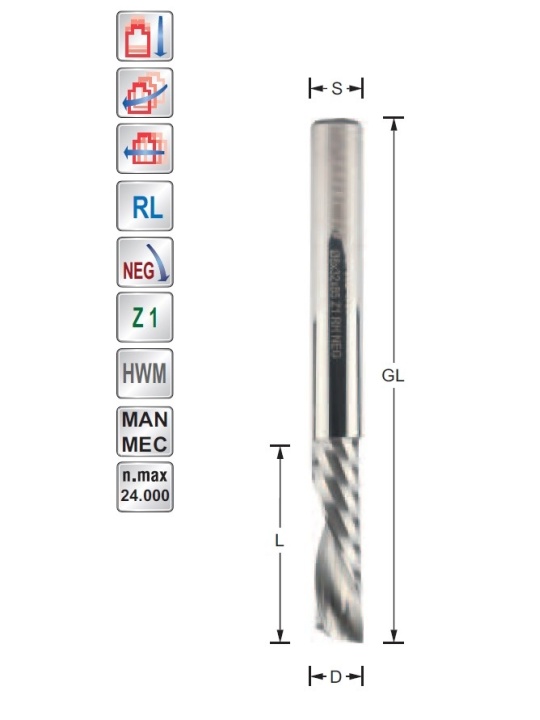 Spiral finishing cutter  D3  S3mm downcut Z1 | Titman Tools