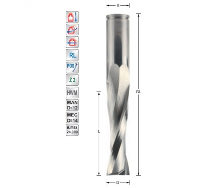 Spiral finishing cutter D16  L62  S16mm upcut Z2 | Titman Tools