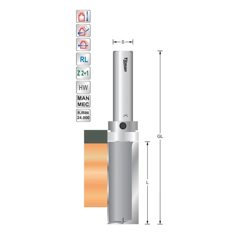 Profile guide cutter D12,7 L25 S6mm with bearing on shank | Titman Tools
