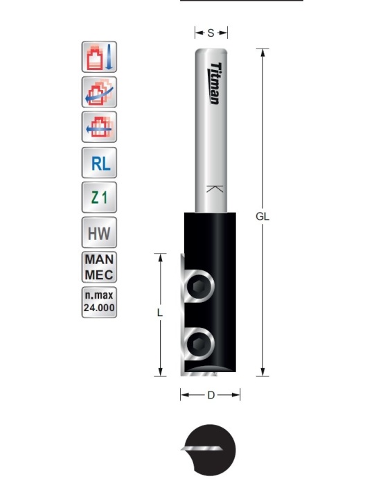 Replacement tip Straight bit D16 L30  S12mm Z1 | Titman Tools