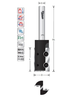 Wisselmes groeffrees D24  L30  S12 mm Z2 lang | Titman Tools