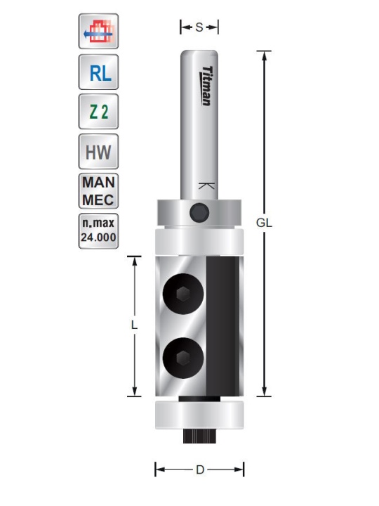 Wendeplatten-Bundigfräser D19 L30 S8mm mit Anlauflager oben und unten | Titman Tools