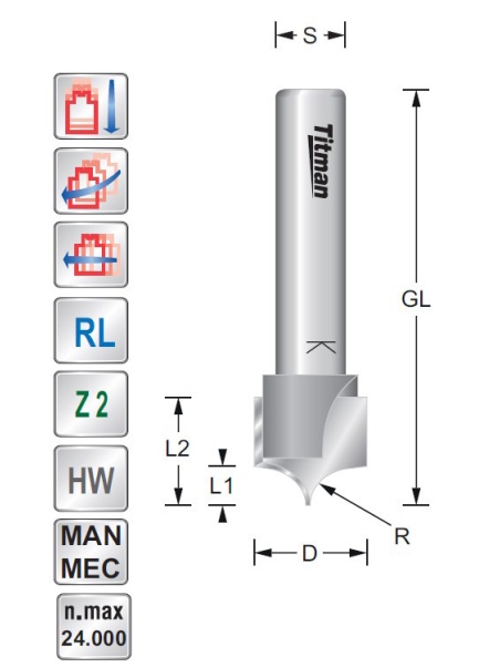 Titman Radius-Schriftenfräser D13 R4 S8mm | JVL-Europe