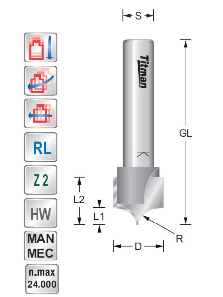 Radius-Schriftenfräser D20 R9,5 S8mm Radius-Schriftenfräser D20 R9,5 S8mm