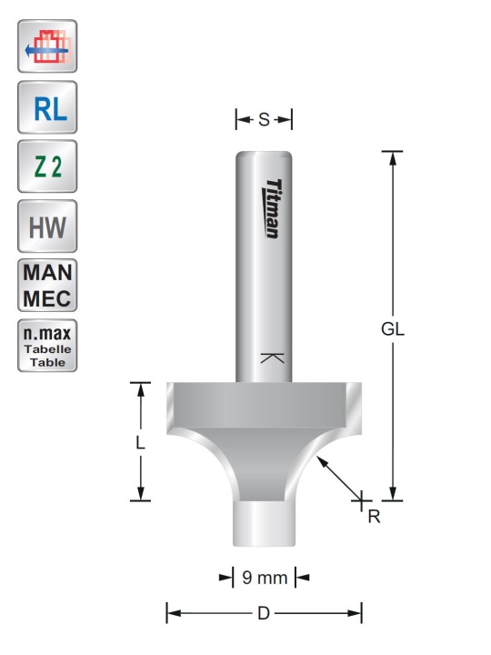 Afrondfrees D22 R6,3 S8 mm met geleide pin Titman | JVL-Europe