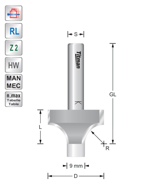 Titman Rounding over cutter D22 R6,3 S8 mm with guide pin | JVL-Europe