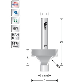 Rounding over cutter D35 R12,7 S8 mm with guide pin