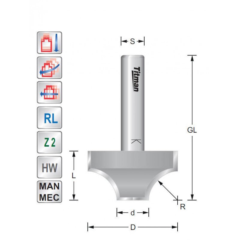 Rounding over cutter R6.3  S8mm | Titman Tools