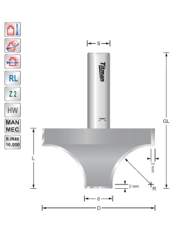 Afrondfrees D60 R20 S12 mm met langere snijder | Titman Tools