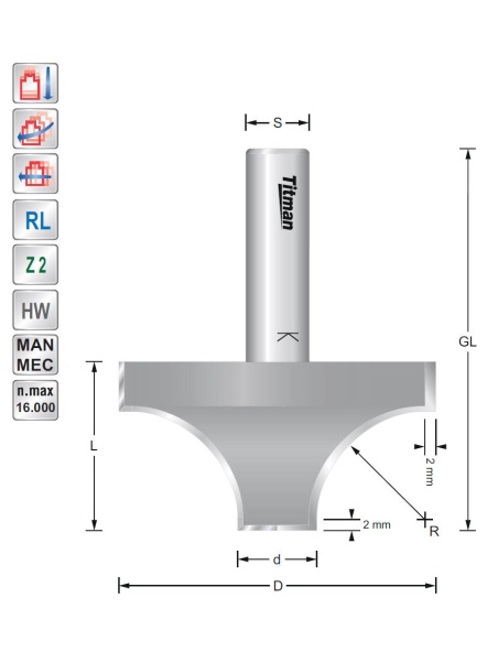 Titman Rounding over cutter D60 R20 S12 mm with runout top and bottom | JVL-Europe