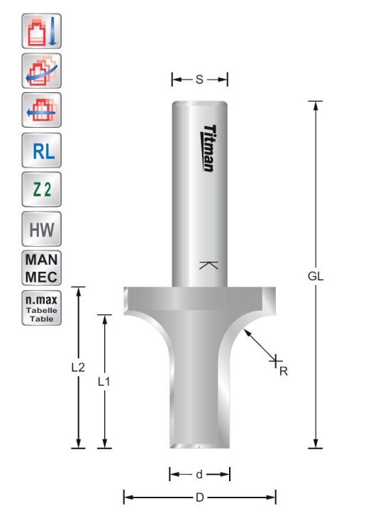 Abrund-Formatfräser  D38 R12,7 S12mm | Titman Tools