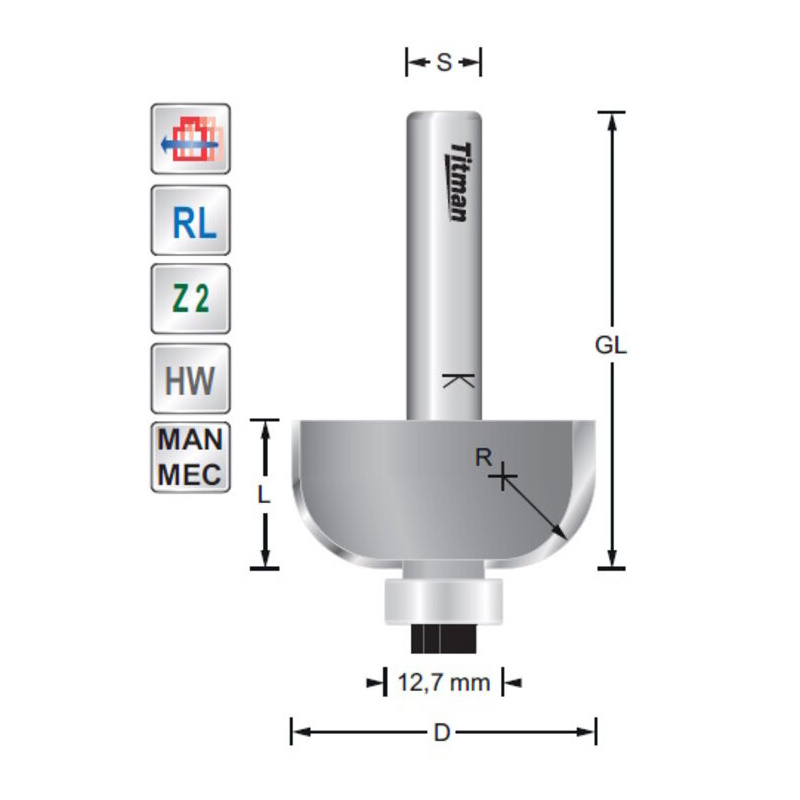 Cove mould cutter R16  S12mm with bearing | Titman Tools
