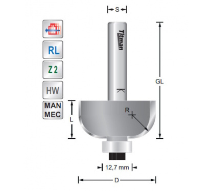 Titman Hohlkehlfräser mit Anlauflager  R16  S12mm | JVL-Europe