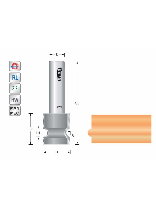 Half round profile cutter R3  S12mm | Titman Tools