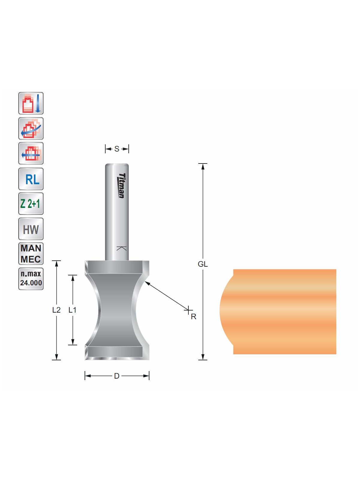 Titman Halbstab-Profilfräser D22 R18  S8 mm für Handgriff-Ausschnitte | JVL-Europe