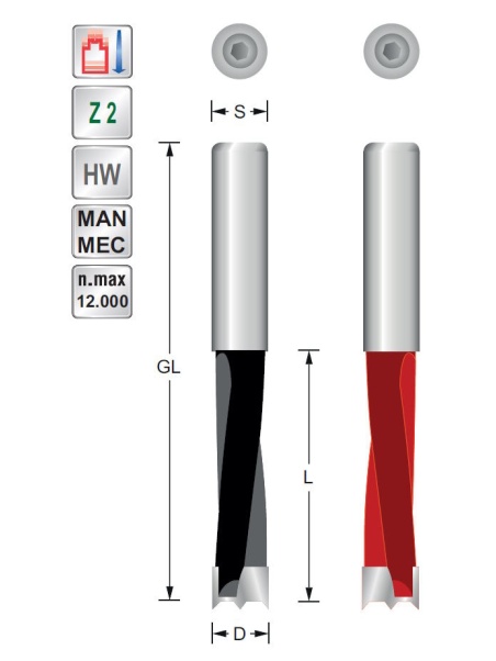 Dowel drill bit   D3  L57  S8 mm cylindrical Righthand rot.