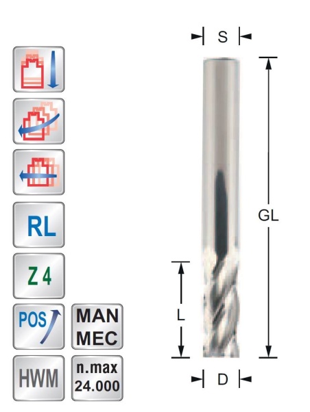 Spiral cutter Z4  Positive - Upcut  4mm  S4mm | Titman Tools