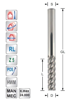 Spiraalfrees  Z5  Positief  6mm S6mm | Titman Tools