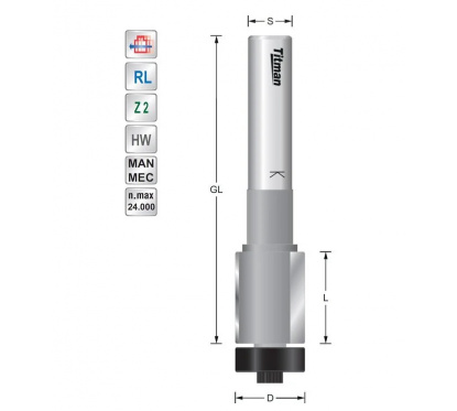 Bearing guide trimmer Z2 for solid surface D19 S12mm | Titman Tools Bearing guide trimmer Z2 for solid surface D19 S12mm | Titman Tools
