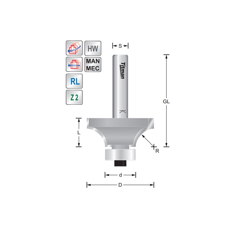 Rounding over bit  R12,7 S8mm | Titman Tools