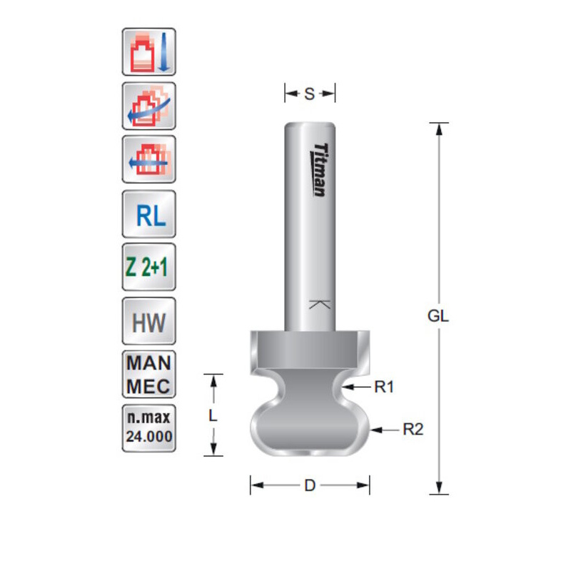 Titman Griffmuldenfraeser D22  R1(3)  R2(1)  S12mm   FPC22-12 | JVL-Europe