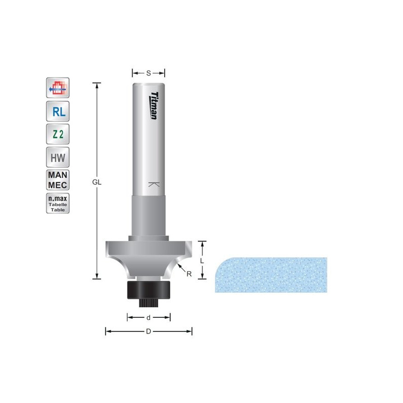 Titman Rounding over cutter R19  S12mm for solid surface materials | JVL-Europe