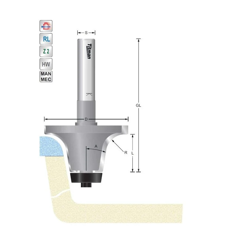 Bevel- rounding cutter R6,35  3°  S12mm for solid surface | Titman Tools