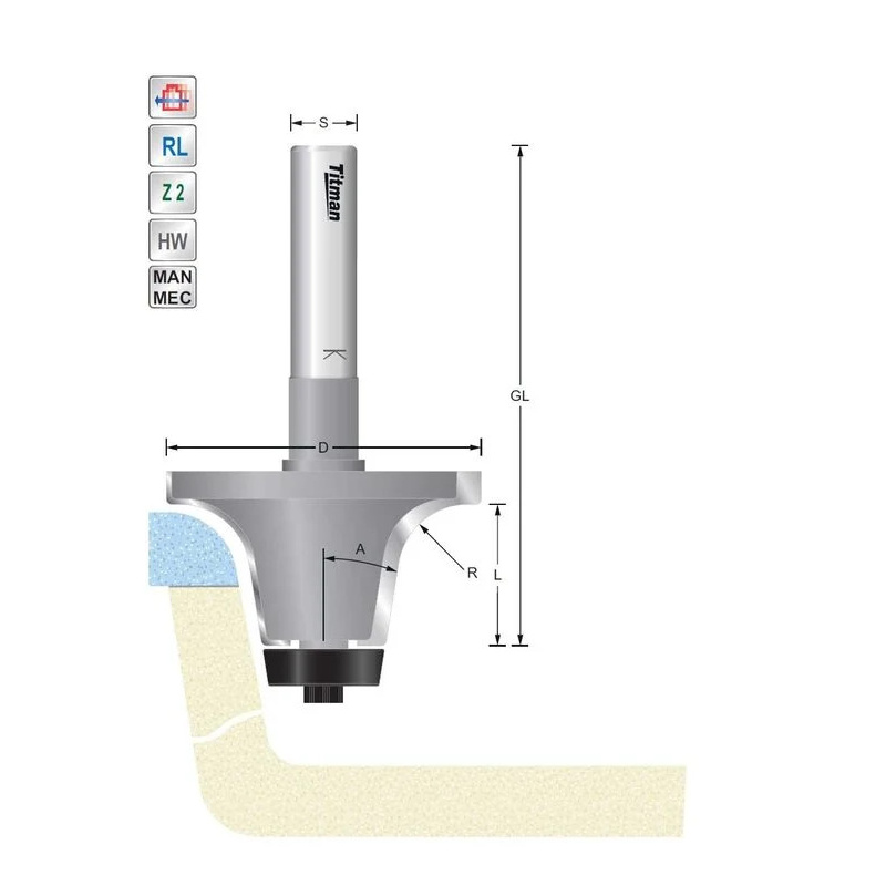 Titman Bevel cutter R12,7  15°  S12mm for solid surface | JVL-Europe