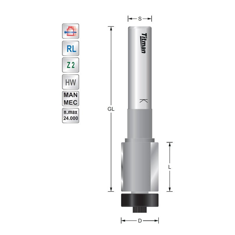 Bearing guide trimmer D6.35  S12mm  for solid surface | Titman Tools