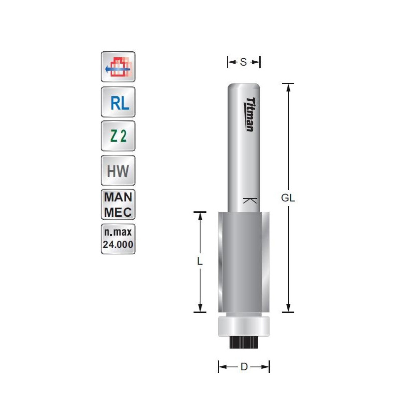 Bündigfräser mit Anlauflager  D12,7  S6mm | Titman Tools